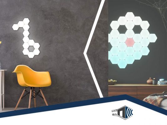 نمای نزدیک از یک لامپ شش‌ضلعی لمسی با نور سفید، آماده برای تولید محتوای خلاقانه