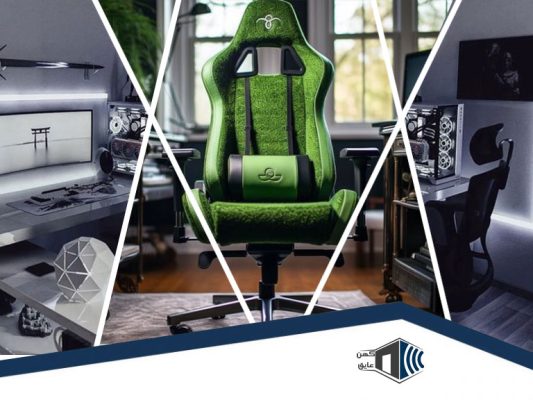 فضای داخلی استودیو استریم گیم با چمن مصنوعی و پنل‌های صوتی، طراحی مدرن و دلپذیر.